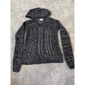 Y2K SO Black White Speckled Cable Knit Hoodie V Neck Sweater Women's XXS